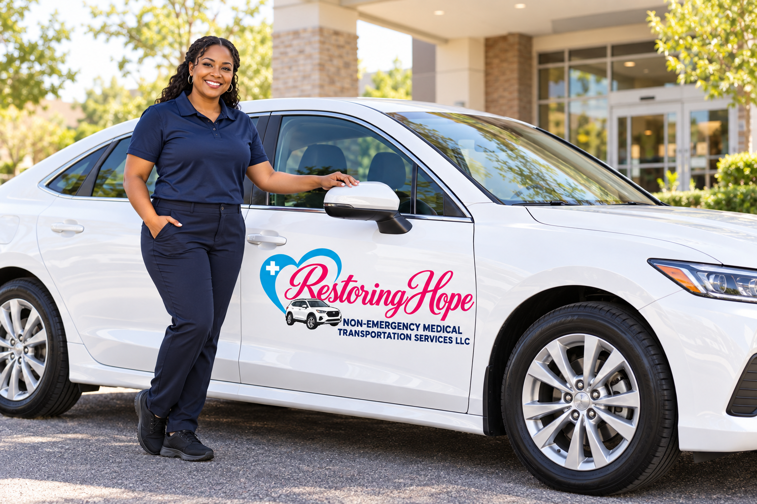 Illustration of a smiling driver beside a white vehicle bearing the Restoring Hope logo